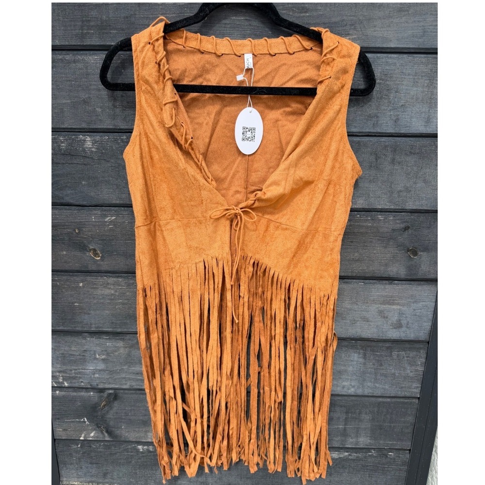 Hotouch Womens Faux Suede Fringe Vest Cognac Brown Boho Western Festival New
